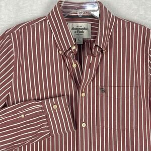 VTG Y2K Abercrombie & Fitch Shirt Men L Red White Stripe Gray Moose Preppy Slim